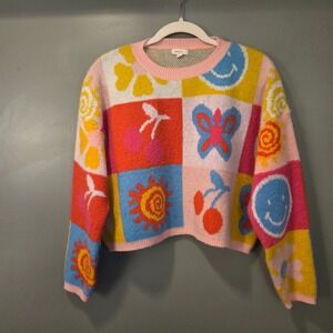 Debut Women's Cropped Oversized Graphic Print Colorful Sweater, Size S